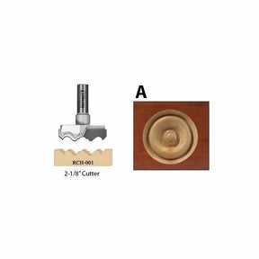 2-1/8 inch router cutter for woodworking with sample rosette pattern carved in wood
