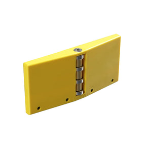 Yellow resaw featherboard for bandsaw or table saw, woodworking safety tool on white background.
