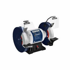 Rikon 8-inch bench grinder with dual grinding wheels and adjustable safety shields