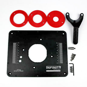 Router table insert plate kit with black plate, red rings, screws, wrench, and adjustment tool on white background.
