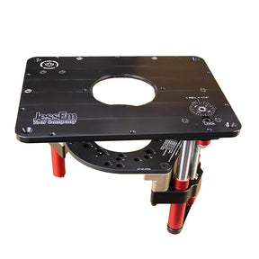 Precision router lift with black aluminum top plate and adjustment dial for woodworking