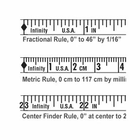 Three precision woodworking rulers: fractional, metric, and center finder, with clear markings.