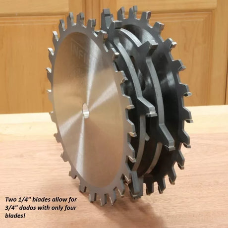 Stacked dado blades for woodworking, designed for making 3/4 inch dados, on wood surface.