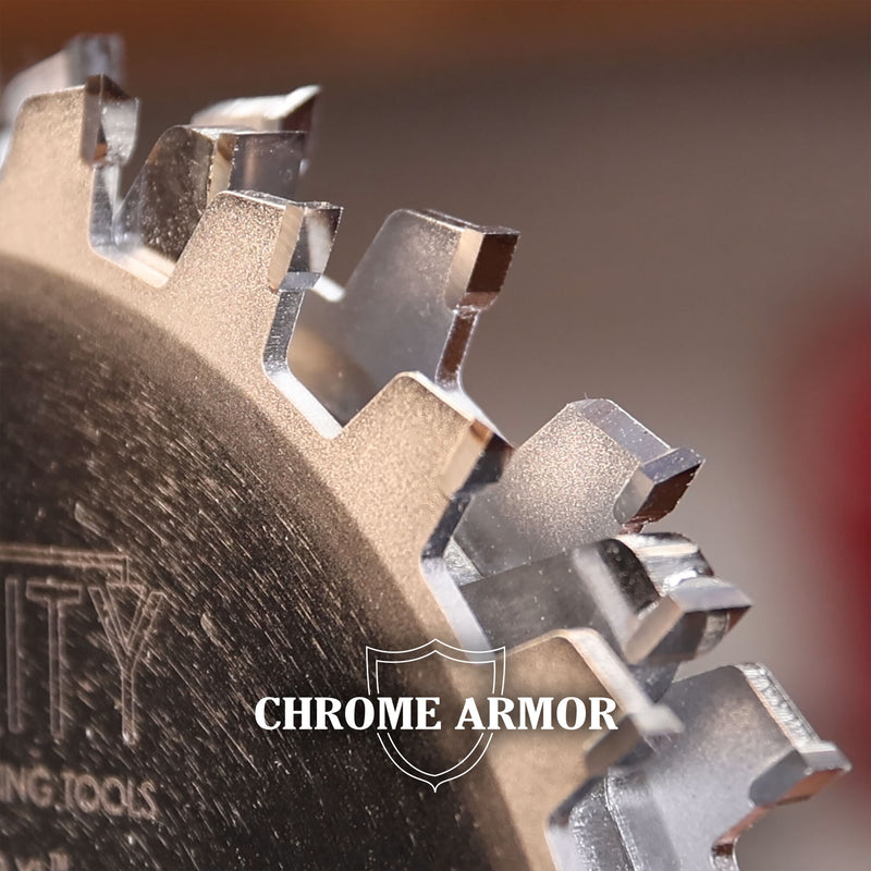Close-up of a dado saw blade set with chrome armor logo on a blurred background.