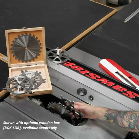 Saw blade dado set with spacer discs and wooden storage box on table saw