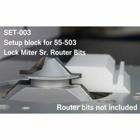 Setup block for 55-503 lock miter router bits on router table, closeup view