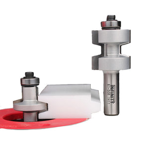 Carbide router bits for woodworking joinery with ball bearings and cutting edges on white background