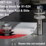 Setup block for mini ogee rail and stile bit set shown on a router table