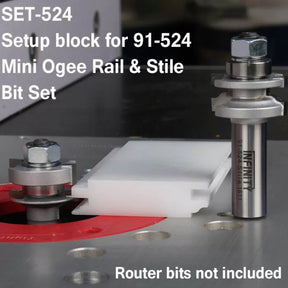 Setup block for mini ogee rail and stile bit set shown on a router table