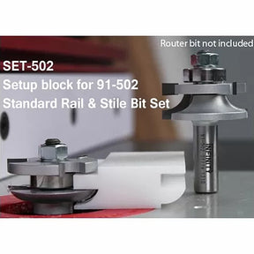 Setup block and router bit for standard rail and stile bit set on worktable
