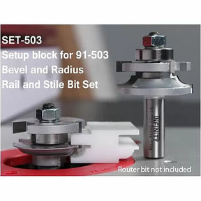Setup block for bevel and radius rail and stile router bit set on a workbench