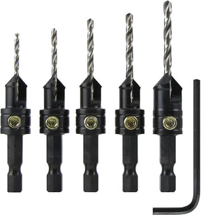 Set of five black countersink drill bits with hex shanks and an L-shaped hex key