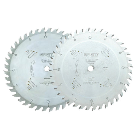 Two 10-inch circular saw blades for woodworking, featuring sharp teeth and metal finish