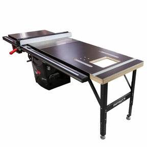 Woodworking table saw with router extension and black metal frame for precision cutting
