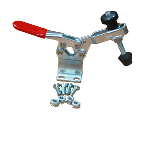 Horizontal toggle clamp with red handle and mounting screws for woodworking jigs