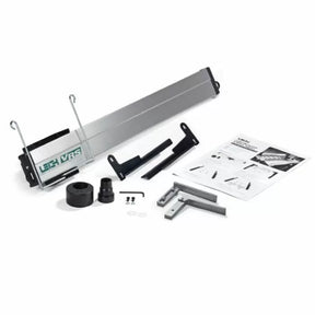 Leigh VRS dust collection kit for woodworking, with metal rail, fittings, brackets, and manual.