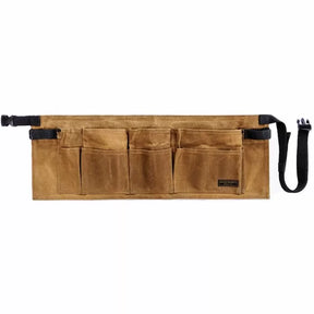 Brown canvas waist tool apron with adjustable black strap and multiple utility pockets