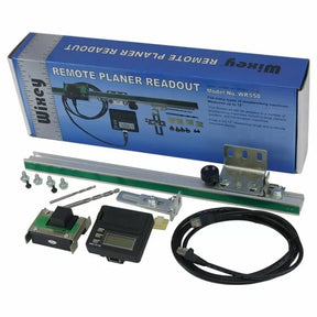 Digital planer readout kit with mounting hardware, electronic display, and cables for woodworking machines
