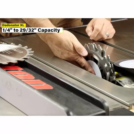 Woodworker installing dado blade set on table saw for precise woodworking cuts