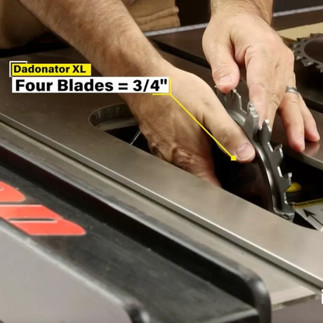 Person installing Dadonator XL dado blades on a table saw for woodworking precision cuts